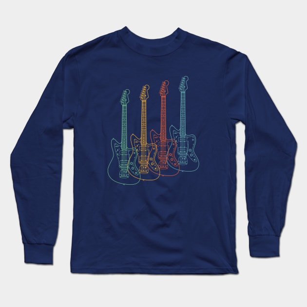 Four Offset Style Electric Guitar Outlines Retro Color Long Sleeve T-Shirt by nightsworthy